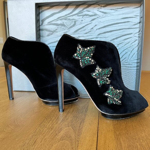 Alexander McQueen Black Velvet Shoes Sandal Boots Pelle Cuoio High Hills Size 39 - Picture 6 of 12